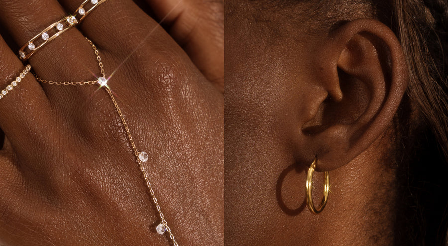 A split image with one side being a person's hand wearing a gold hand chain with small clear crystals dangling along it, and a second image of a person's ear wearing a delicate gold hoop earring.