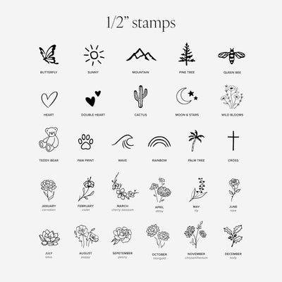 A 1/2 inch stamp set featuring 24 black line-art icons and labels on a light gray background, including nature motifs like butterfly, sun, mountain, pine tree, bee, heart, cactus, moon and stars, rainbow, palm tree, and cross, as well as months and flowers.