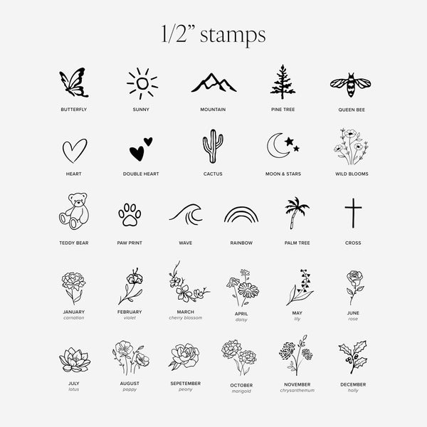 A 1/2 inch stamp set featuring 24 black line-art icons and labels on a light gray background, including nature motifs like butterfly, sun, mountain, pine tree, bee, heart, cactus, moon and stars, rainbow, palm tree, and cross, as well as months and flowers.