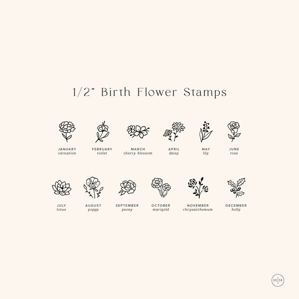 A graphic with the title '1/2" Birth Flower Stamps' showing 12 different flower motifs with corresponding months in black, with a beige background and small logo in the bottom right corner.
