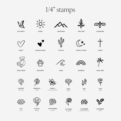 A sheet of small black line-art icons labeled as 1/4 inch stamps, including butterfly, sun, mountain, pine tree, queen bee, heart, double heart, cactus, moon and stars, cross, teddy bear, paw print, wave, rainbow, palm tree, and birth flowers for all 12 months, on a light gray background.