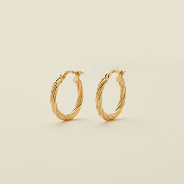 A pair of two polished gold hoops with a twist, textured design, standing upright against a solid beige background.