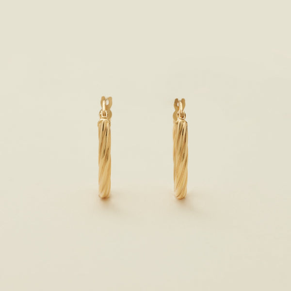 A pair of two polished gold hoops with a twist, textured design, standing upright against a solid beige background.