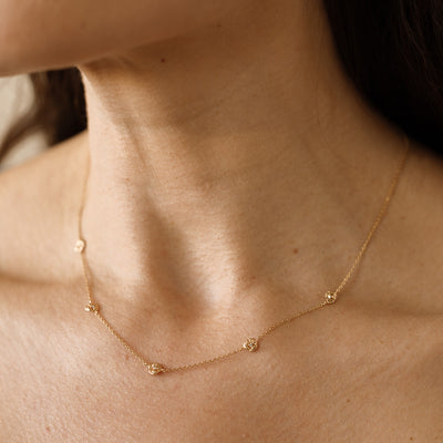A lifestyle image of a dainty gold necklace on a person's neck with stationary textured violet flowers with small accent stones in the center along the chain.