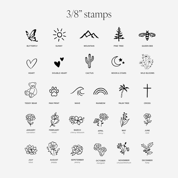 A sheet of small black line-art icons labeled as 3/8" stamps, showing various symbols such as butterfly, sun, mountain, pine tree, bee, heart, cactus, moon and stars, wild blooms, teddy bear, paw print, wave, rainbow, palm tree, cross, and birth month flowers, on a light gray background.