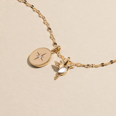 A gold chain necklace with an oval charm with a star motif and clear accent stone in the middle, and a hummingbird charm with a translucent stone.
