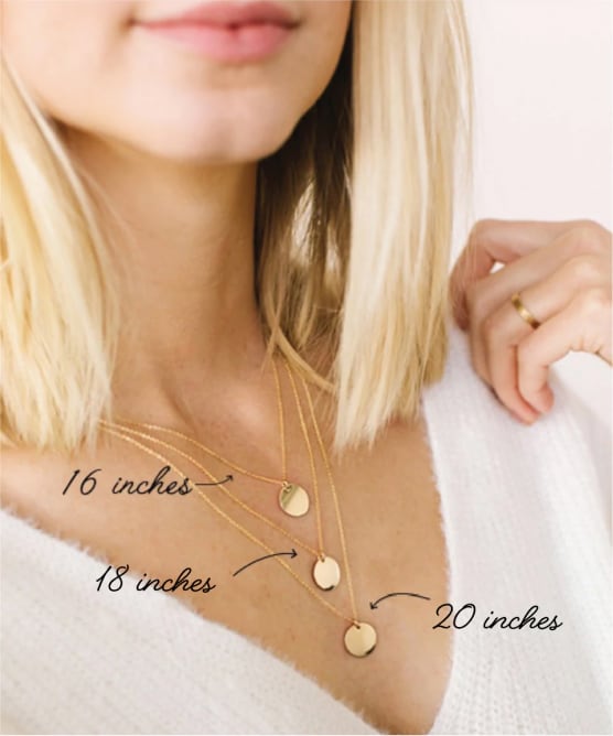 Necklace length guide comparing a disc pendant necklace at 16, 18 and 20 inches.