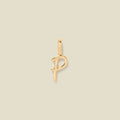 A polished gold initial pendant charm shaped like the letter 'P' in a cursive script, centered on a solid light beige background.