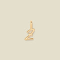 A polished gold initial pendant charm shaped like the letter 'Z' in a cursive script, centered on a solid light beige background.