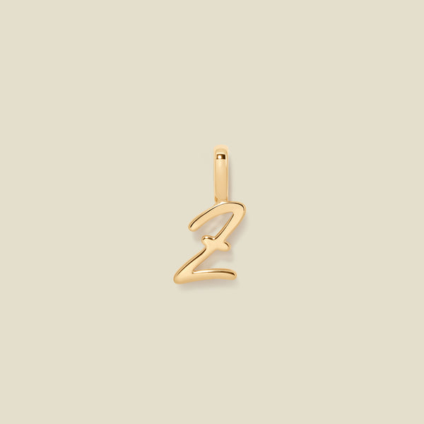 A polished gold initial pendant charm shaped like the letter 'Z' in a cursive script, centered on a solid light beige background.