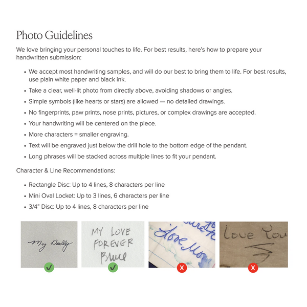 Handwritten text guidelines for engraved pieces, with examples of what text needs to look like for it to be engraved, on a white background