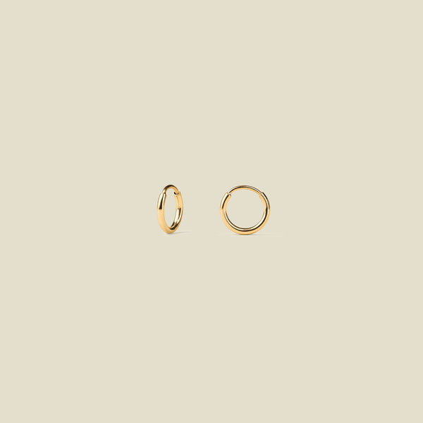 Small thin gold hoop earrings against a neutral background.