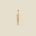 A vertical gold-tone pendant spelling 'MAMA' in an openwork font, centered on a solid light beige background.