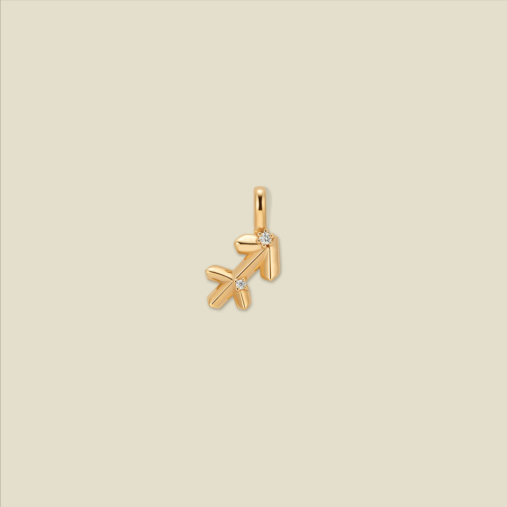 A gold pendant shaped like the Sagittarius zodiac symbol, featuring two small clear gemstones, centered on a solid light beige background.