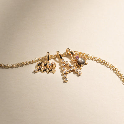A gold chain necklace with an Aquarius zodiac symbol charm with clear accent stones, an initial 'A' charm with round bezel-set clear stones, and a spider charm with a large black stone and purple accent stone, set against a beige background.