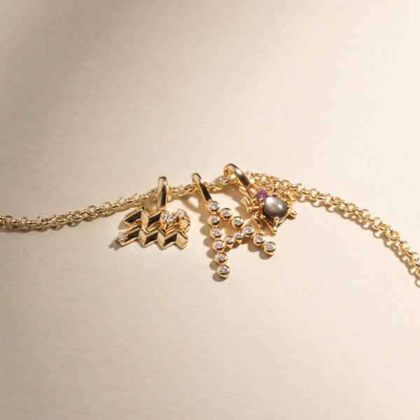 A gold chain necklace with an Aquarius zodiac symbol charm with clear accent stones, an initial 'A' charm with round bezel-set clear stones, and a spider charm with a large black stone and purple accent stone, set against a beige background.