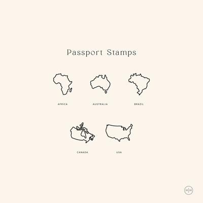 A cream and black infographic with the title 'Passport Stamps', showing the outline of five different countries/continents. This includes Africa, Australia, Brazil, Canada, and USA.