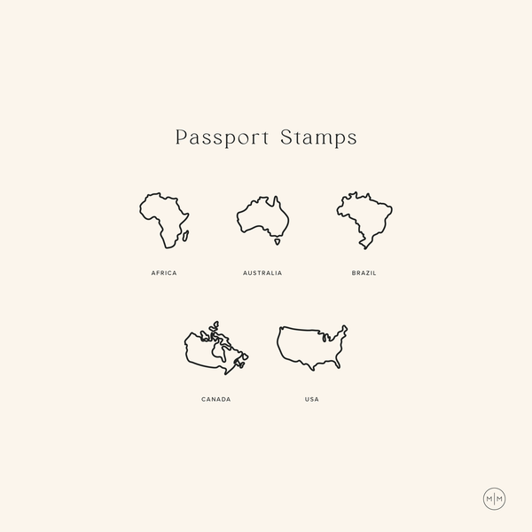 A cream and black infographic with the title 'Passport Stamps', showing the outline of five different countries/continents. This includes Africa, Australia, Brazil, Canada, and USA.