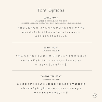 A cream and black infographic with the title 'Font Options', showing text in Arial Font, Script Font, and Typewriter Font.