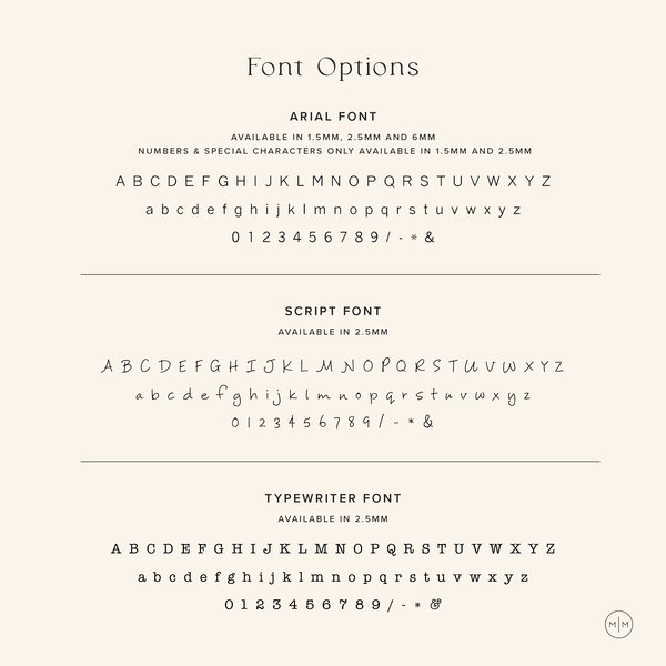 A cream and black infographic with the title 'Font Options', showing text in Arial Font, Script Font, and Typewriter Font.