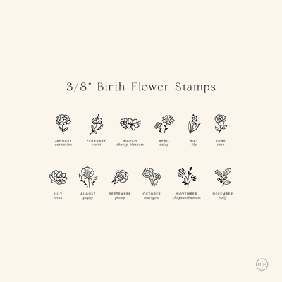 A light beige graphic with black text titled '3/8" Birth Flower Stamps' showing the different birth flowers and stamps for each month.