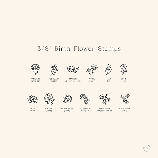 A light beige graphic with black text titled '3/8" Birth Flower Stamps' showing the different birth flowers and stamps for each month.