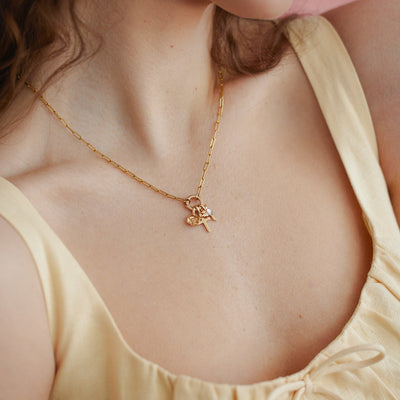 A gold paperclip link chain necklace with a round ring in the center, holding a gold poppy charm, a gold cross charm, and a gold hummingbird charm.