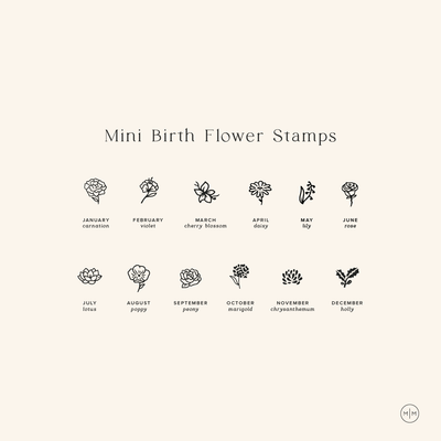A black and white infographic titled 'Mini Birth Flower Stamps' showing a birth flower design for each of the twelve months, labeled with the month and the name of the flower.