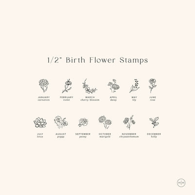 An infographic with the title '1/2" Birth Flower Stamps' showing a floral motif for each month as well as the names of each flower.