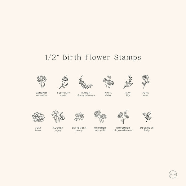 An infographic with the title '1/2" Birth Flower Stamps' showing a floral motif for each month as well as the names of each flower.