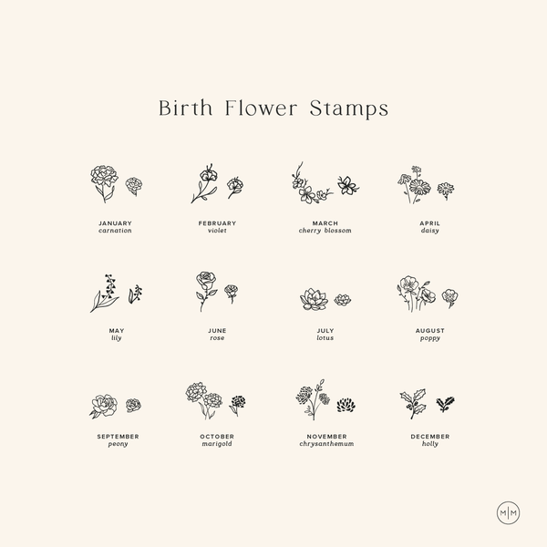 An infographic on a beige background with black text titled 'Birth Flower Stamps', showing a different floral design for each of the twelve months and labeling the flower for each.