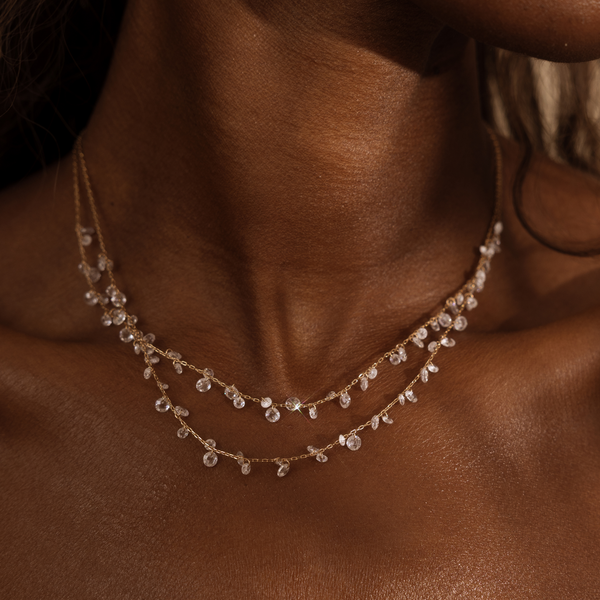 A close up lifestyle shot of a person's neck with two layered gold necklaces, each one with clusters of dangling clear round crystals.