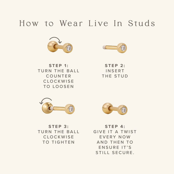 An infographic on how to wear "Live In Studs", which are stud earrings with a round ball backing that screws on and off.