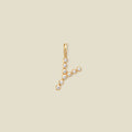 A gold initial pendant 'Y' charm, adorned with small clear round-cut gemstones, set against a solid light beige background.