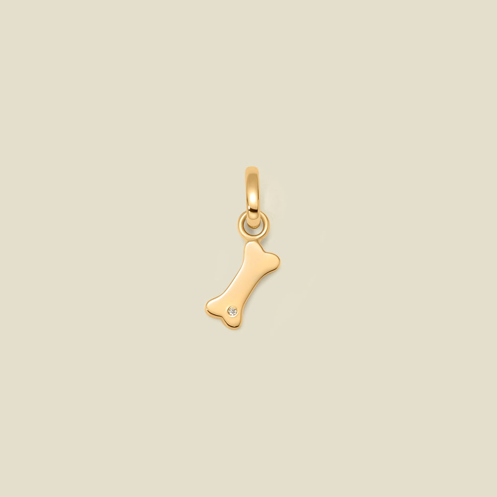 A gold bone-shaped pendant charm with a small clear gemstone, centered on a solid light beige background.