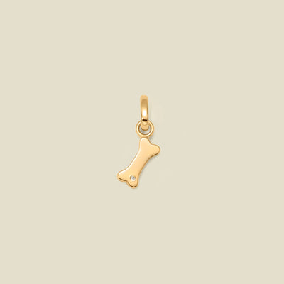 A gold bone-shaped pendant charm with a small clear gemstone, centered on a solid light beige background.
