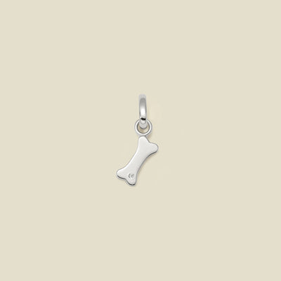 A silver-colored charm in the shape of a dog bone with a small clear crystal in the center, displayed against a neutral background.