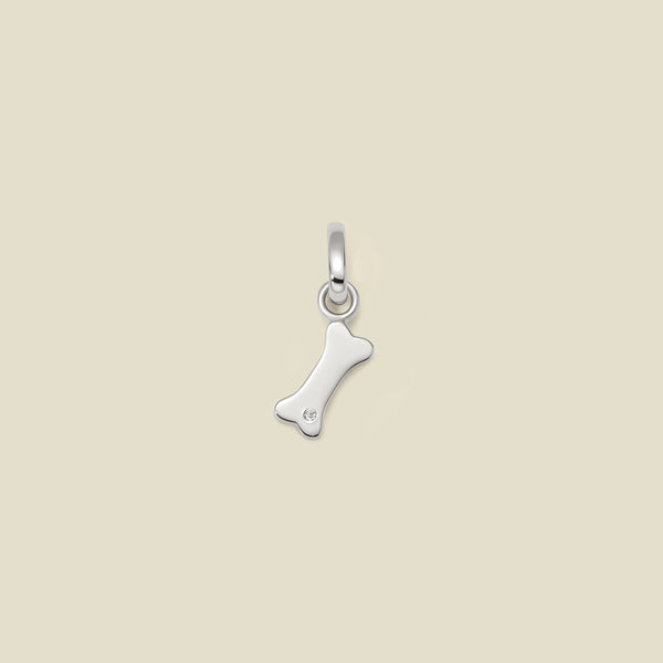 A silver-colored charm in the shape of a dog bone with a small clear crystal in the center, displayed against a neutral background.