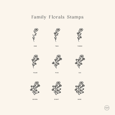An infographic with black text on a light beige background with the title 'Family Floral Stamps' and graphics of each floral stamp labeled one through nine to show the stamp with that amount of flowers.