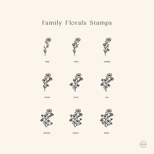 An infographic with black text on a light beige background with the title 'Family Floral Stamps' and graphics of each floral stamp labeled one through nine to show the stamp with that amount of flowers.