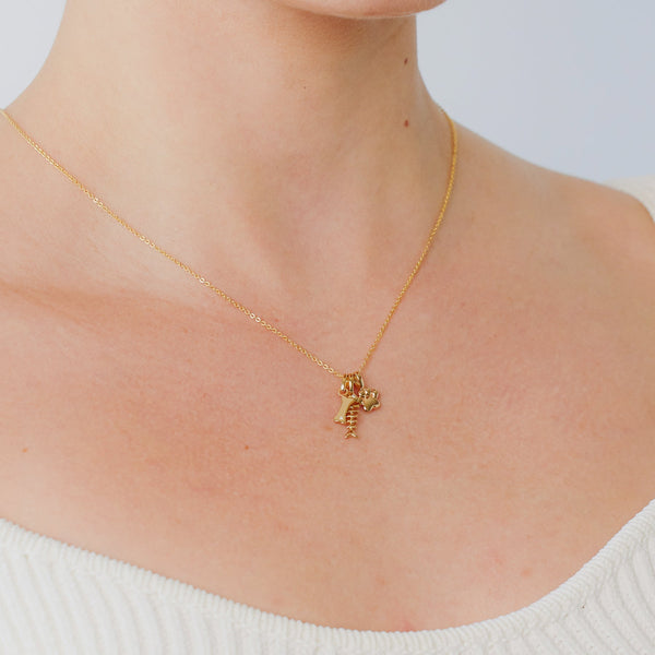 A person wearing a gold chain necklace with a gold dog bone charm, a gold fish skeleton charm, and a gold paw print charm.