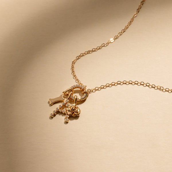 A delicate gold chain necklace with a gold round ring covered in clear gemstones in the center, holding a gold dog bone charm with a clear accent stone, an initial 'A' charm with clear gemstones, and a gold peony charm, set against a solid beige background with natural shadows.