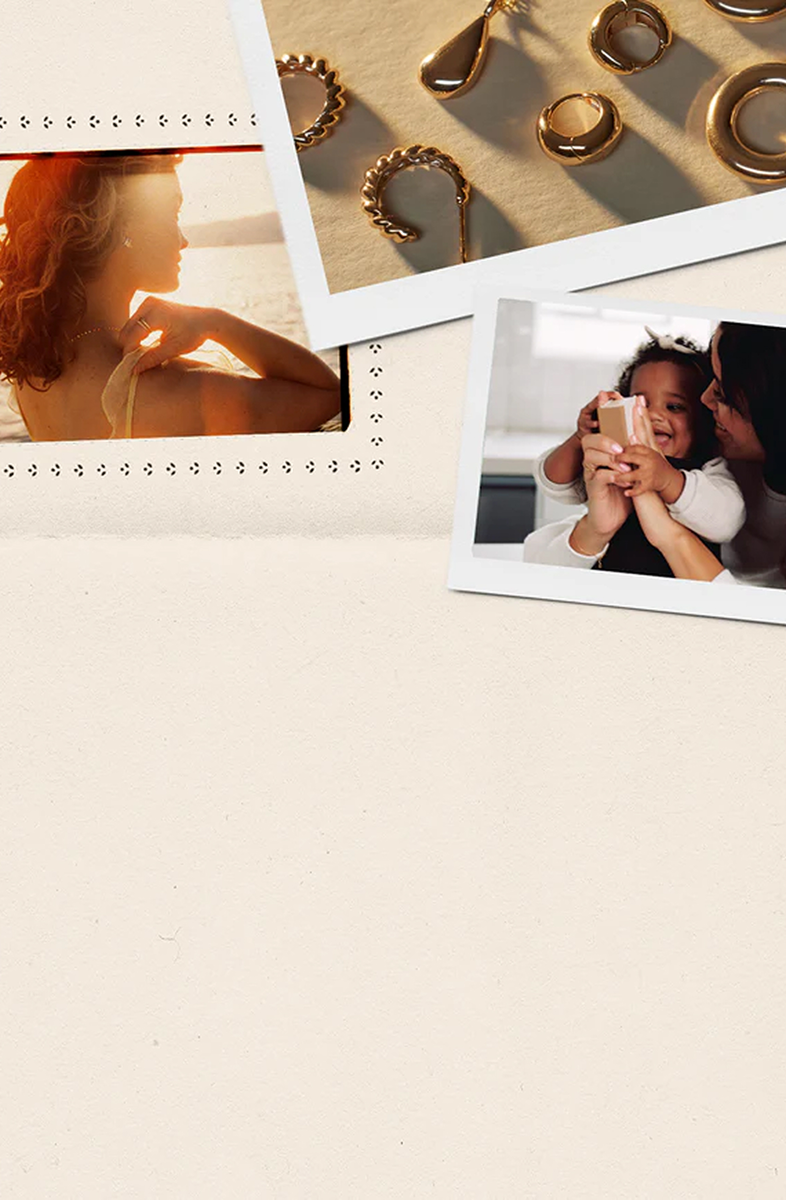 Collage of a woman, jewelry, and a child with a jewelry box on a beige surface.