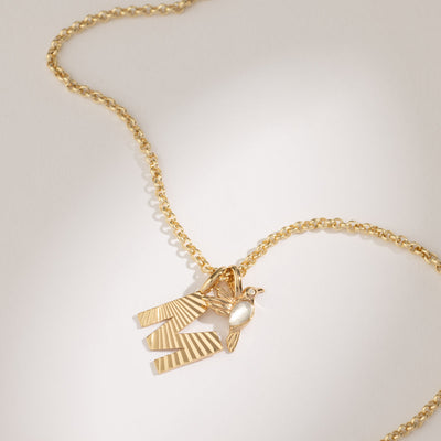 A gold round link chain necklace with a gold 'M' charm with a sunburst texture and a gold hummingbird charm with a white stone for the body and a clear accent stone for the eye.