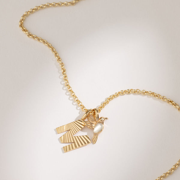 A gold round link chain necklace with a gold 'M' charm with a sunburst texture and a gold hummingbird charm with a white stone for the body and a clear accent stone for the eye.