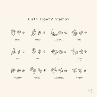 An infographic on a light beige background with black text titled 'Birth Flower Stamps'. Each month is labeled, and has three different floral designs for the corresponding flower.