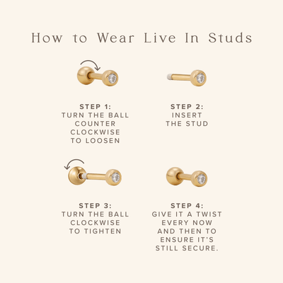 An infographic showing how to wear 'Live In Studs', which are stud earrings with round screw-on ball backings.