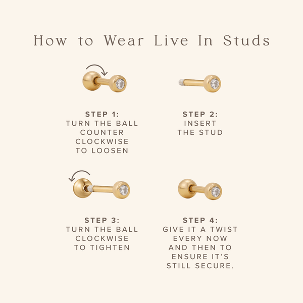 An infographic showing how to wear 'Live In Studs', which are stud earrings with round screw-on ball backings.