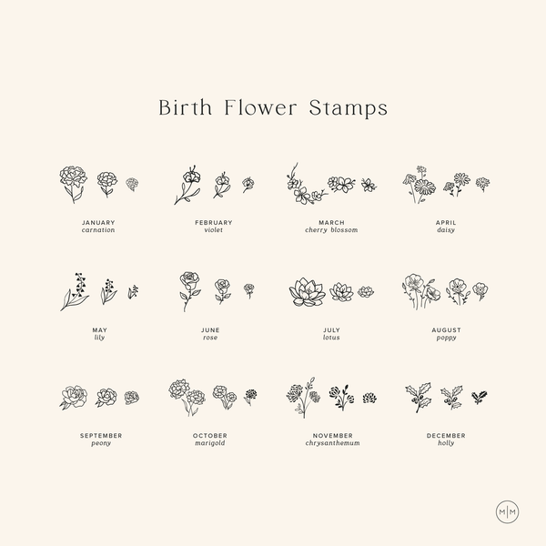 An infographic on a light beige background with black text titled 'Birth Flower Stamps'. Each month is labeled, and has three different floral designs for the corresponding flower.