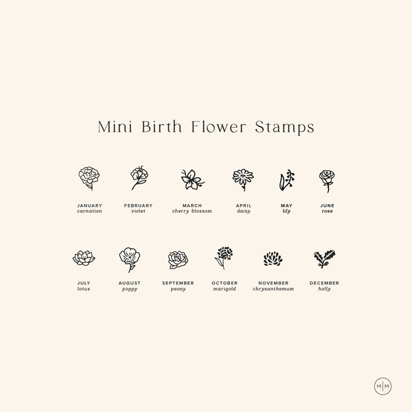 An infographic with black text on a light beige background with the title 'Mini Birth Flower Stamps'. There are two rows of six different floral motifs, each labeled with a month and the name of the flower represented.